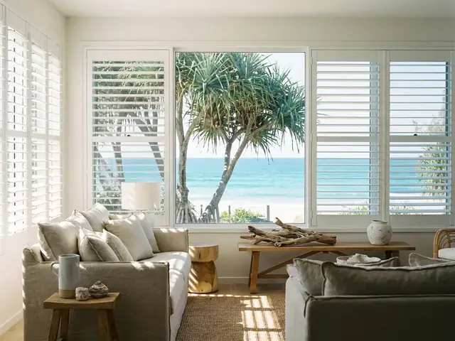Timber plantation blinds in a coastal Gold Coast living room