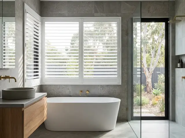 Waterproof PVC window shutters in a bathroom